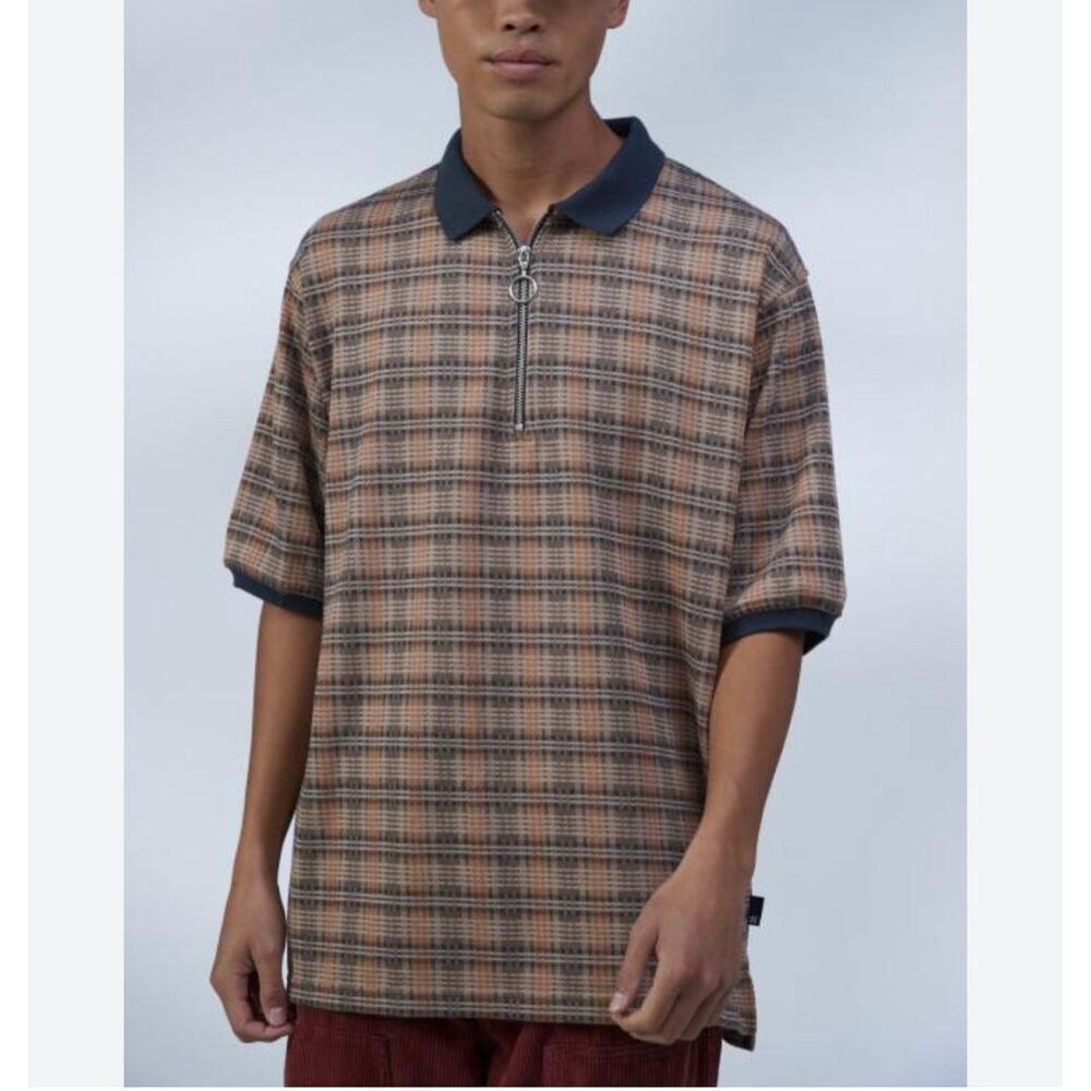 UO Urban Outfitters Baggy Fit Polo Shirt Neutral Plaid Zip XL